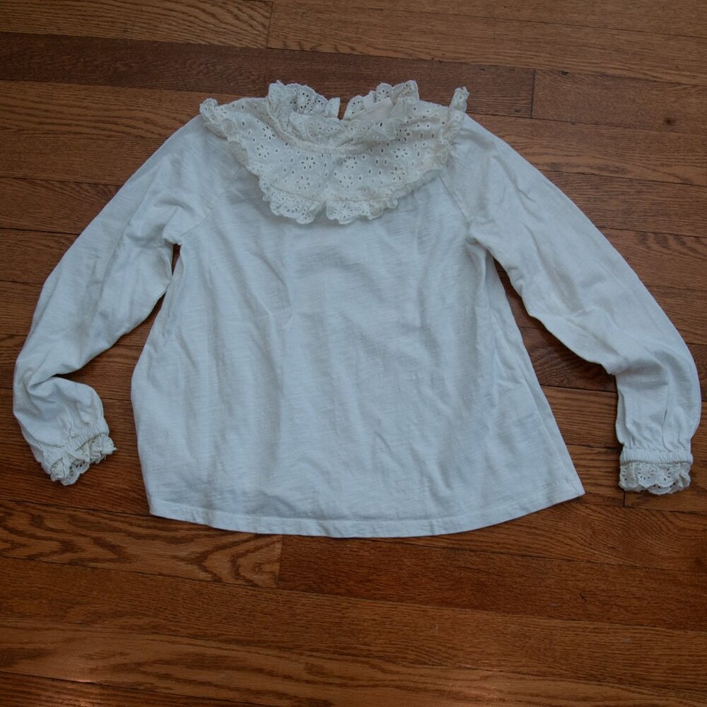 Mini Boden Girls Frill Broderie Jersey Top Shirt Provence White, 8-9Y